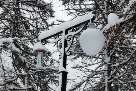 Street light in park with a broken lamp covered with snow.