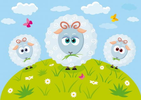 Illustration of three cute and funny lamb in the meadowのイラスト素材