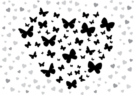 Vector illustration of the butterfly in the form of heart, black and white butterfliesのイラスト素材