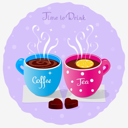 illustration of two cups of coffee and tea and sweetsのイラスト素材