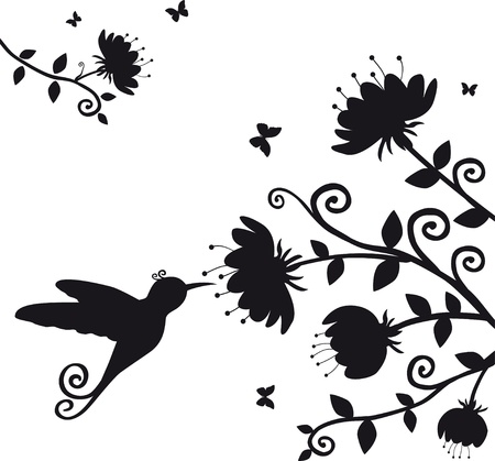 vector silhouette of the branch with flowers and bird kolibriのイラスト素材
