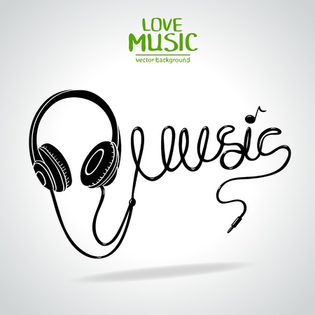 Silhouette of headphones and a word "music" made of the cableのイラスト素材