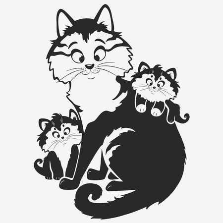black and white illustration silhouette cute cat with kittensのイラスト素材