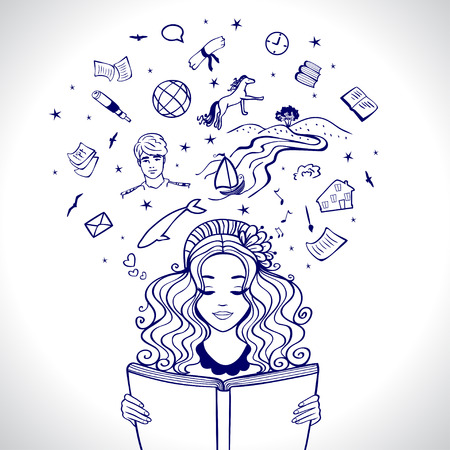 Girl Reading A Book And Imagining The Storyのイラスト素材