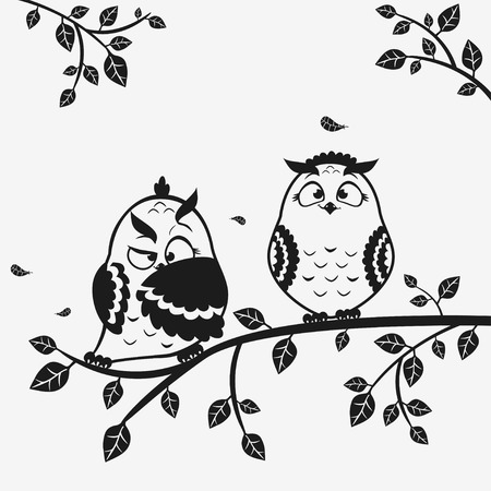 illustration black and white of silhouette funny owlsのイラスト素材