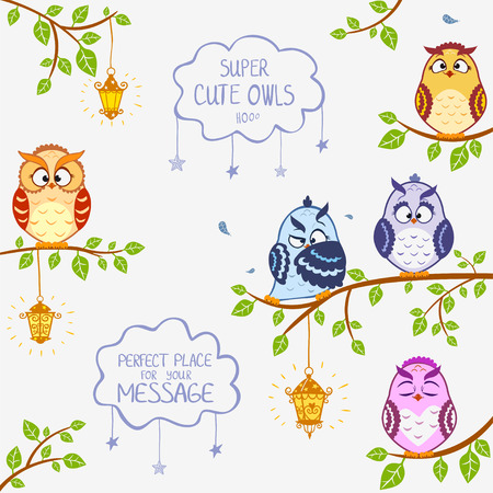 illustration of funny owls sitting on a branchのイラスト素材
