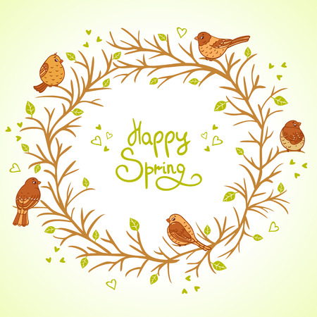 Beautiful wreath frame with cute and funny sparrowsのイラスト素材