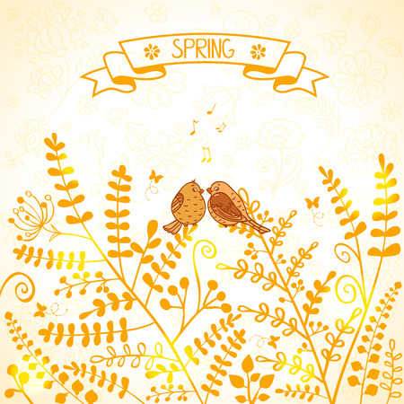 Illustration of silhouette beautiful tree branch with cute sparrowsのイラスト素材