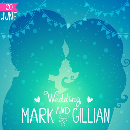 romantic wedding invitation card with silhouette of loving coupleのイラスト素材