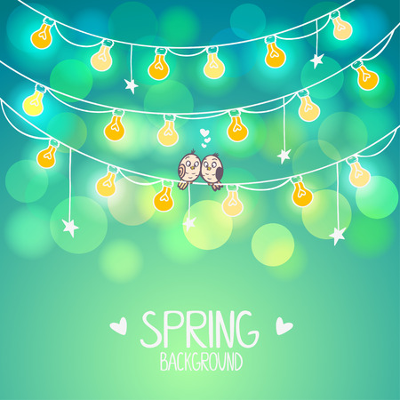 illustration background light bulbs with cute birds sitting on a wireのイラスト素材