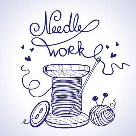 illustration silhouette spool of thread with needle and a button and a word "needlework" made of the threadsのイラスト素材