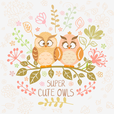 Stylish card with cartoon beautiful and funny owls sitting on a branch. Vector illustrationのイラスト素材