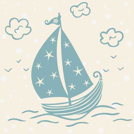 children's illustration beautiful silhouette of a travel shipのイラスト素材