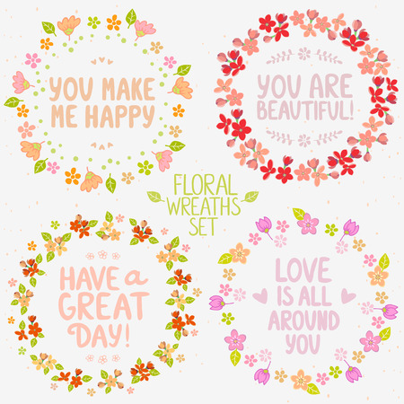 collection design stylish beautiful floral wreaths with positive phrasesのイラスト素材