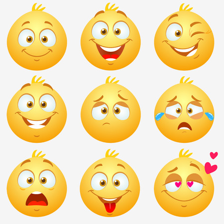 Set of super funny and cute yellow expressive emoticons on white backgroundのイラスト素材