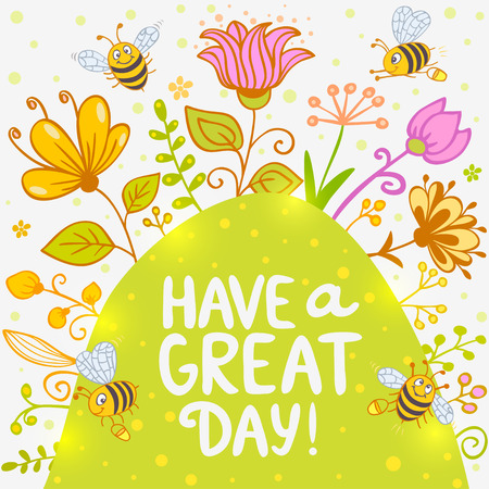 Stylish card with cartoon beautiful and funny bees and flowers with sample textのイラスト素材