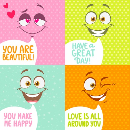 Funny cartoon faces with emotions on bright colored background with motivation phrase in cloudのイラスト素材