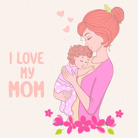 Stylish card with beautiful cartoon mother with baby in floral frameのイラスト素材