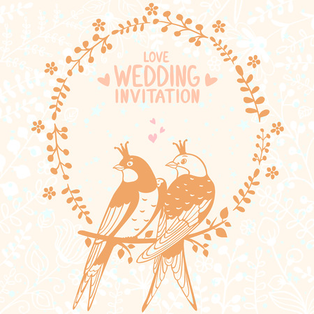 Stylish beautiful flowers card with cute silhouette swallows.のイラスト素材