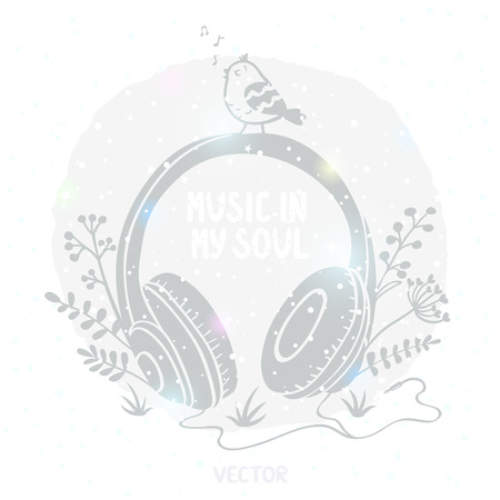 Stylish illustration silhouette of headphones in the grass with cute birdのイラスト素材