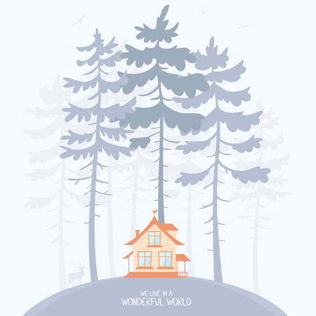silhouette of amazing pines with house in fog. vector illustrationのイラスト素材