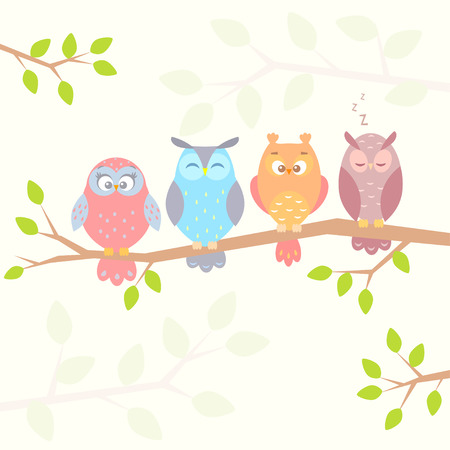 stylish flat illustration of four different funny owls sitting on a branchのイラスト素材