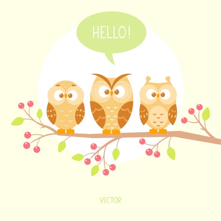 flat illustration with cartoon beautiful and funny owls sitting on a branch. Vector illustrationのイラスト素材