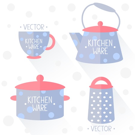 set of simple flat illustration kitchenware in polka dotsのイラスト素材