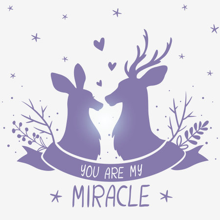 amazing illustration with silhouettes of beautiful portrait couple deer with place for textのイラスト素材