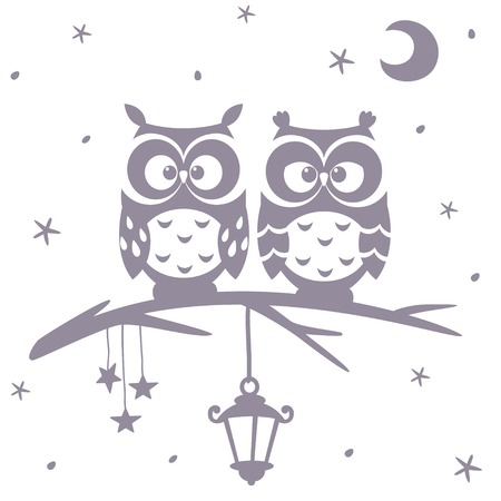 illustration silhouette cartoon cute and funny owls sitting on a branchのイラスト素材