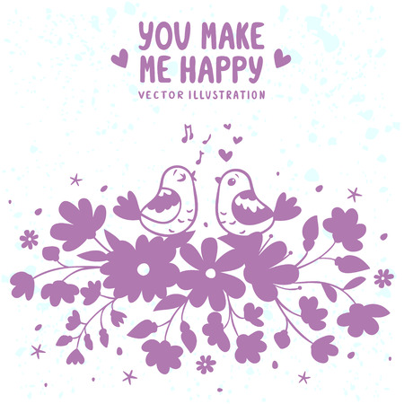 Cute and beautiful silhouette flowers and birds with place for textのイラスト素材