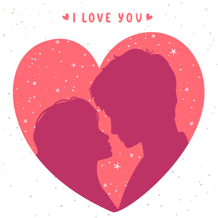 illustration card silhouette of loving couple in heart frameのイラスト素材