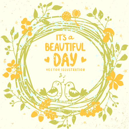 Stylish beautiful floral wreath with text and with cute birds - its a beautiful dayのイラスト素材