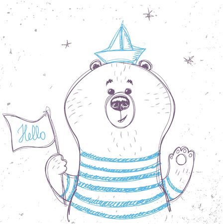 silhouettes cartoon cute sailor bear in sketch style. Vector illustrationのイラスト素材