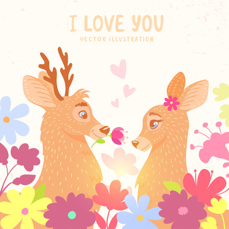 Amazing stylish and beautiful card with two cartoon deer in flowers. Card for Valentines Dayのイラスト素材
