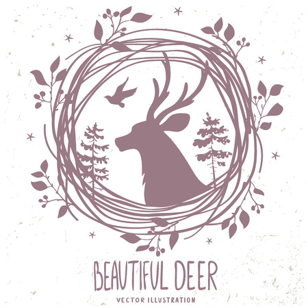 Beautiful silhouette deer in forestry wreath. Vector illustrationのイラスト素材