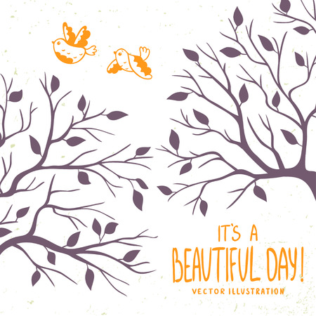 Beautiful silhouette branch and cute birds. Stylish concept card. Vector illustrationのイラスト素材