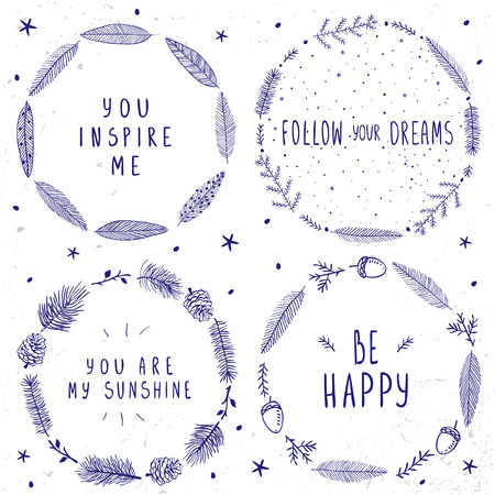 Beautiful concept set beautiful nature frame with sample text. Stylish vector illustration. Forest decoration frame with tree pine and feathersのイラスト素材