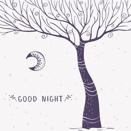 Beautiful and stylish card with magnificent tree and sample text. Vector doodle illustration.のイラスト素材