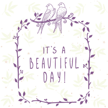 Cute and beautiful silhouette two swallow sitting on a frame branch with sample textのイラスト素材