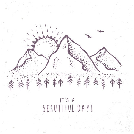mountains with sun in engraving style. illustrationのイラスト素材