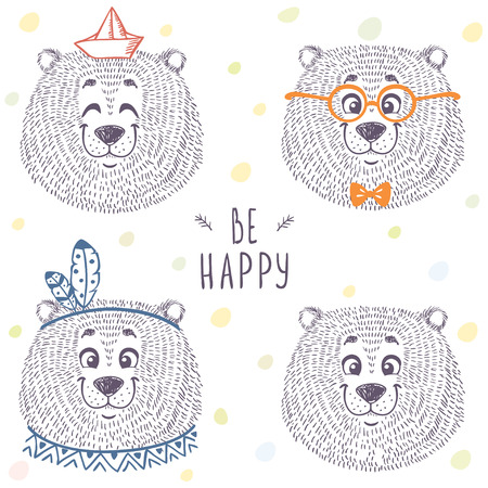 Beautiful set with cute and funny emoticon bear in sketch style.のイラスト素材