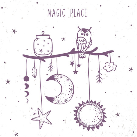 Beautiful magic illustration of moon, sun, star and owl on a branch.のイラスト素材
