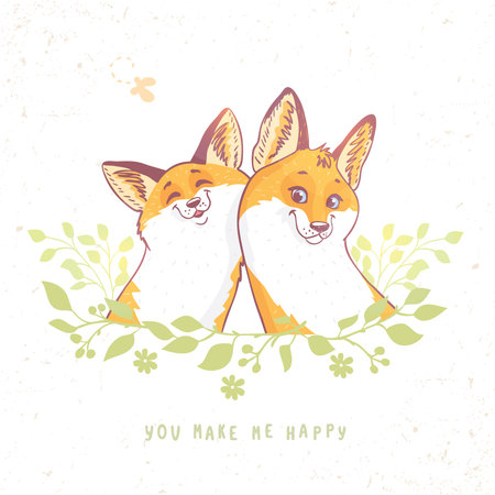 Cute and funny cartoon two fox. Character happy fox. illustrationのイラスト素材