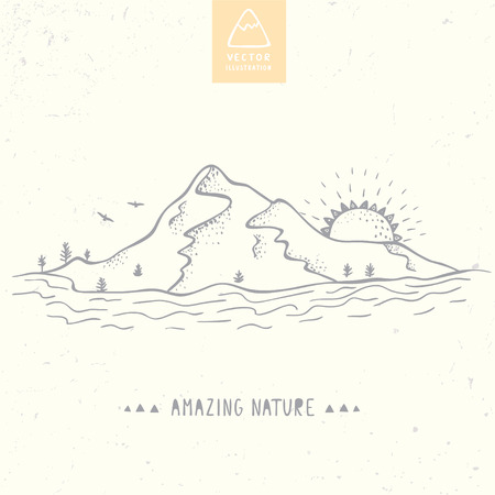 illustration nature mountains, river and sun.  sketchのイラスト素材