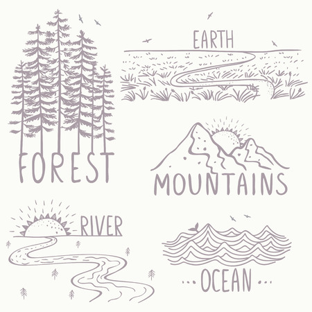 Set with beautiful nature, mountains and forest, river, field and ocean. Hand drawn sketch.のイラスト素材