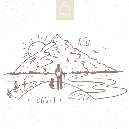 Nature mountains with traveler and dog. Hand drawn sketch. Beautiful vector illustrationのイラスト素材