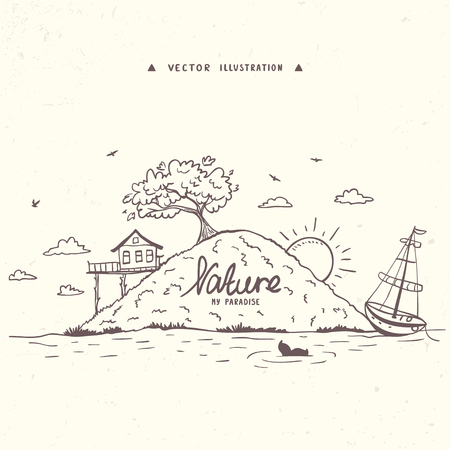 Beautiful hand drawn poster with view island with home and boat. Vector illustration, sketch.のイラスト素材