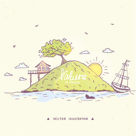 Beautiful poster with view island with home and boat. Vector illustration, sketch.のイラスト素材