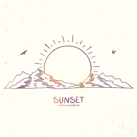 Beautiful doodle nature mountains and sun. Hand drawn sketch. Vector illustrationのイラスト素材